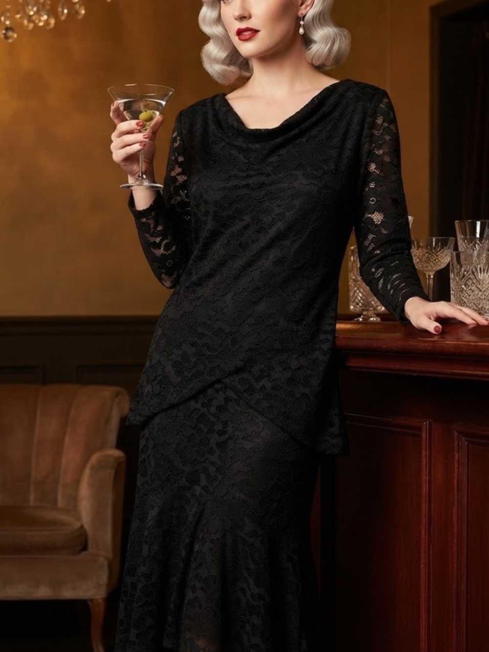 Vintage Small Damianou Draped Lace Hollywood Gatsby Midi Shift Dress